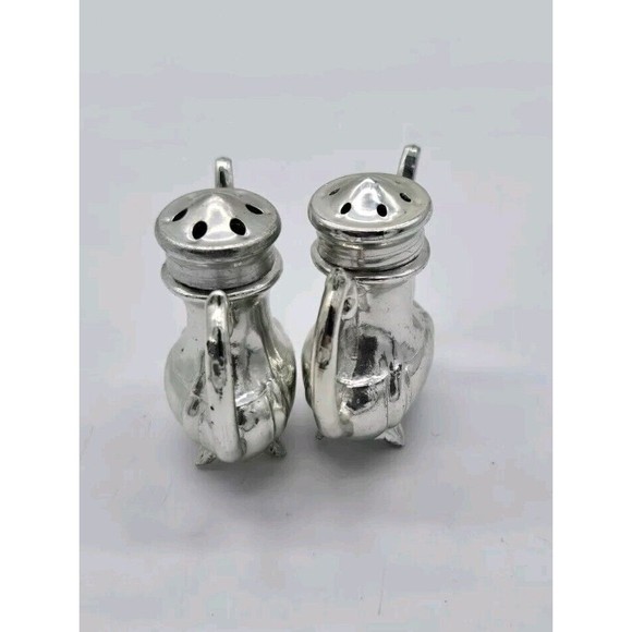 Vintage Miniature Teapot Souvenir Salt & Pepper Shakers Heavy Metal Silver 1.5" - Picture 3 of 8